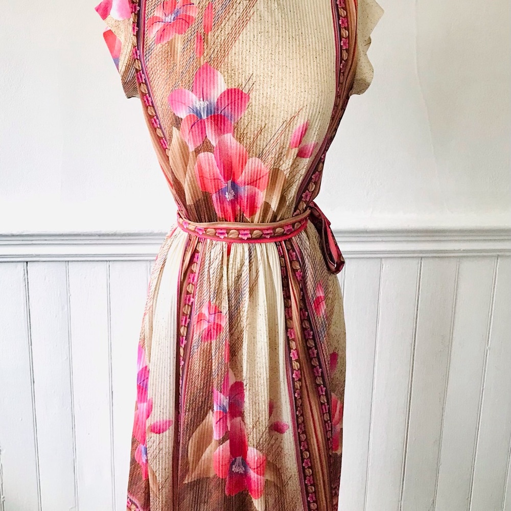 70s Vintage VTG Border Print HIBISCUS FLORAL Dress SM - Picture 4 of 5